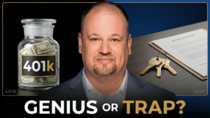 Mortgage broker Paul Byron between a glass jar of cash labeled 401k and house keys on a real estate document, with text reading "Genius or Trap?" for a video on using a 401k to buy a house